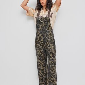 Cider Olive Green and Black Leopard Print Denim Overalls